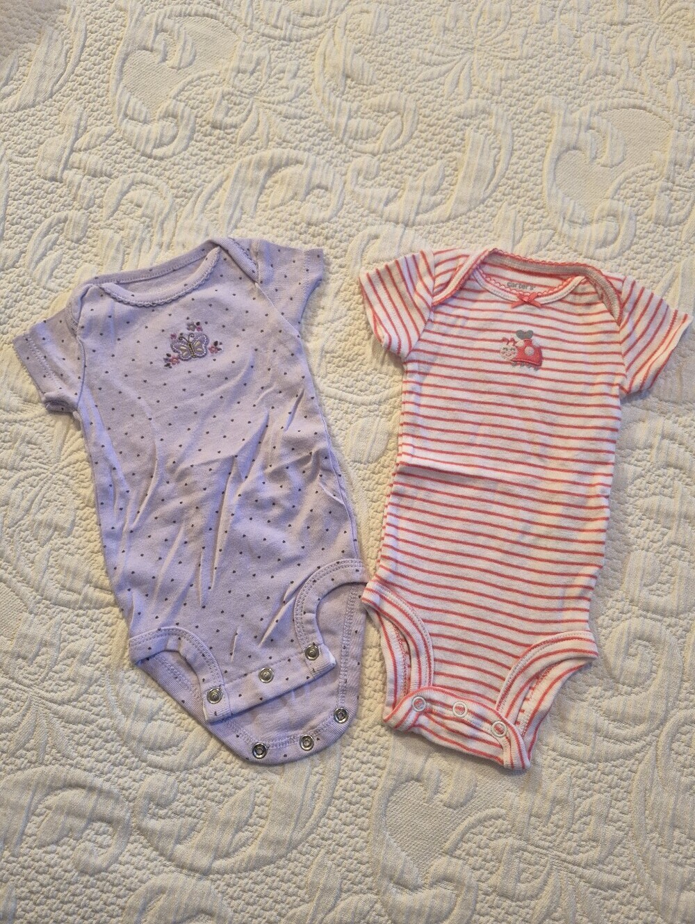Carters girls NB 2 set of bodysuits EUC 1 orange & white stripe 1 purple